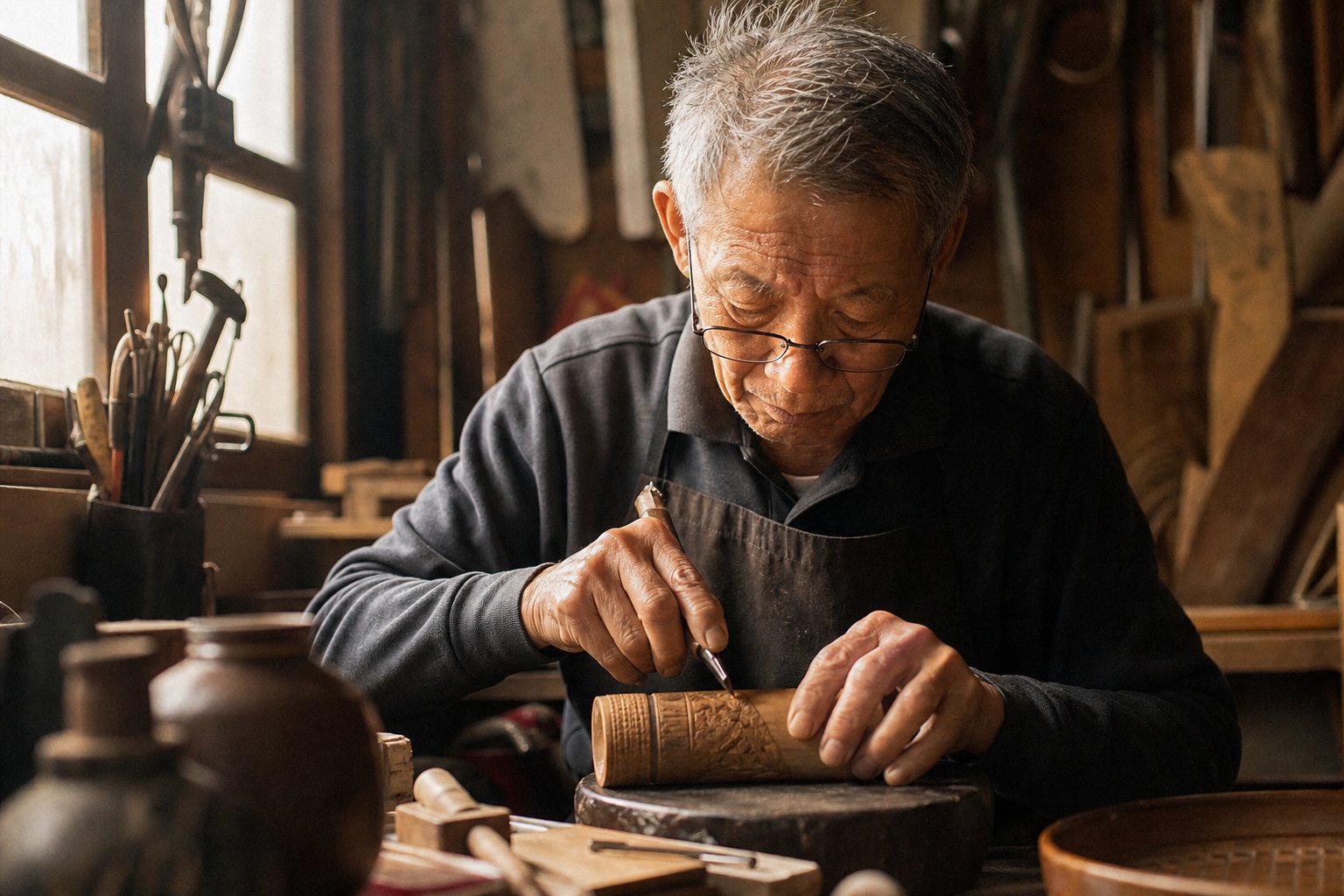 三蘆職人工藝，職人雙手專注於傳統技藝的特寫
